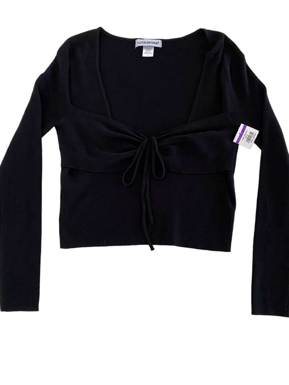 Cotton Emporium Black Cropped Tie-Front Long Sleeve Top